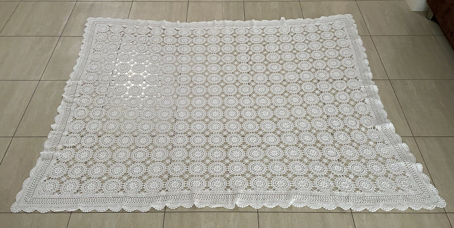 Crochet Lace TABLE CLOTH 1970's White Cotton Rectangle Bedspread 222x171cm