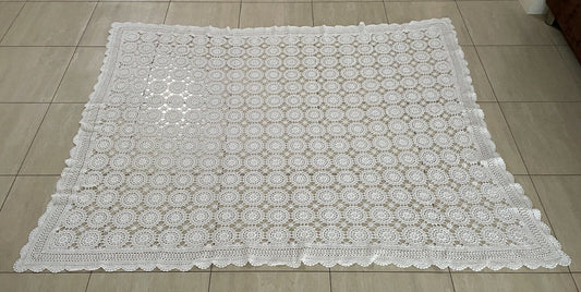 Crochet Lace TABLE CLOTH 1970's White Cotton Rectangle Bedspread 222x171cm