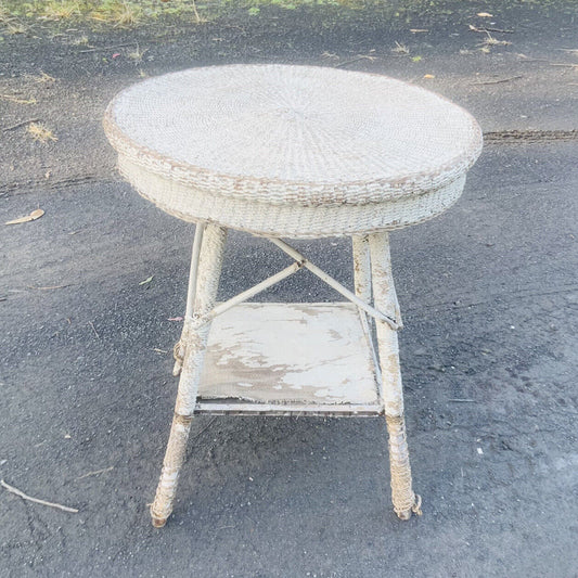 Patio Table Rustic Vintage 1940s Seagrass White Painted Cane Indoor Outdoor