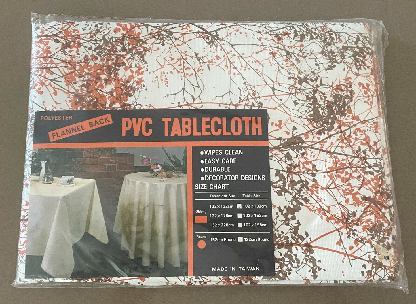 TABLE CLOTH 1970’s Square 132cm PVC Flannel Back Orange Brown White Branch Print
