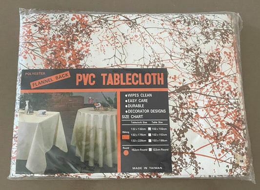 TABLE CLOTH 1970’s Square 132cm PVC Flannel Back Orange Brown White Branch Print