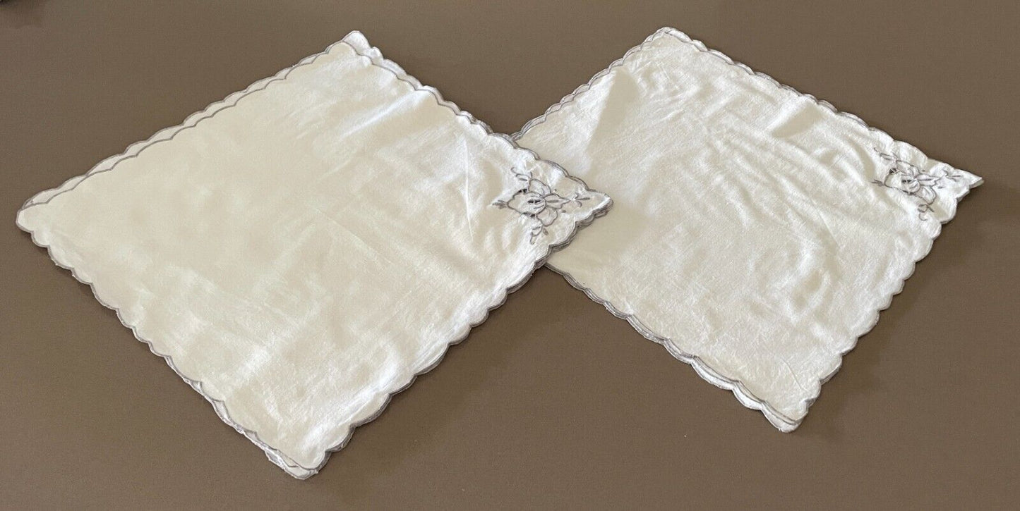 Vintage High Tea NAPKINS Off Set of 11 White Cotton & Grey Embroidered 40cm NEW