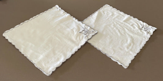 Vintage High Tea NAPKINS Off Set of 11 White Cotton & Grey Embroidered 40cm NEW