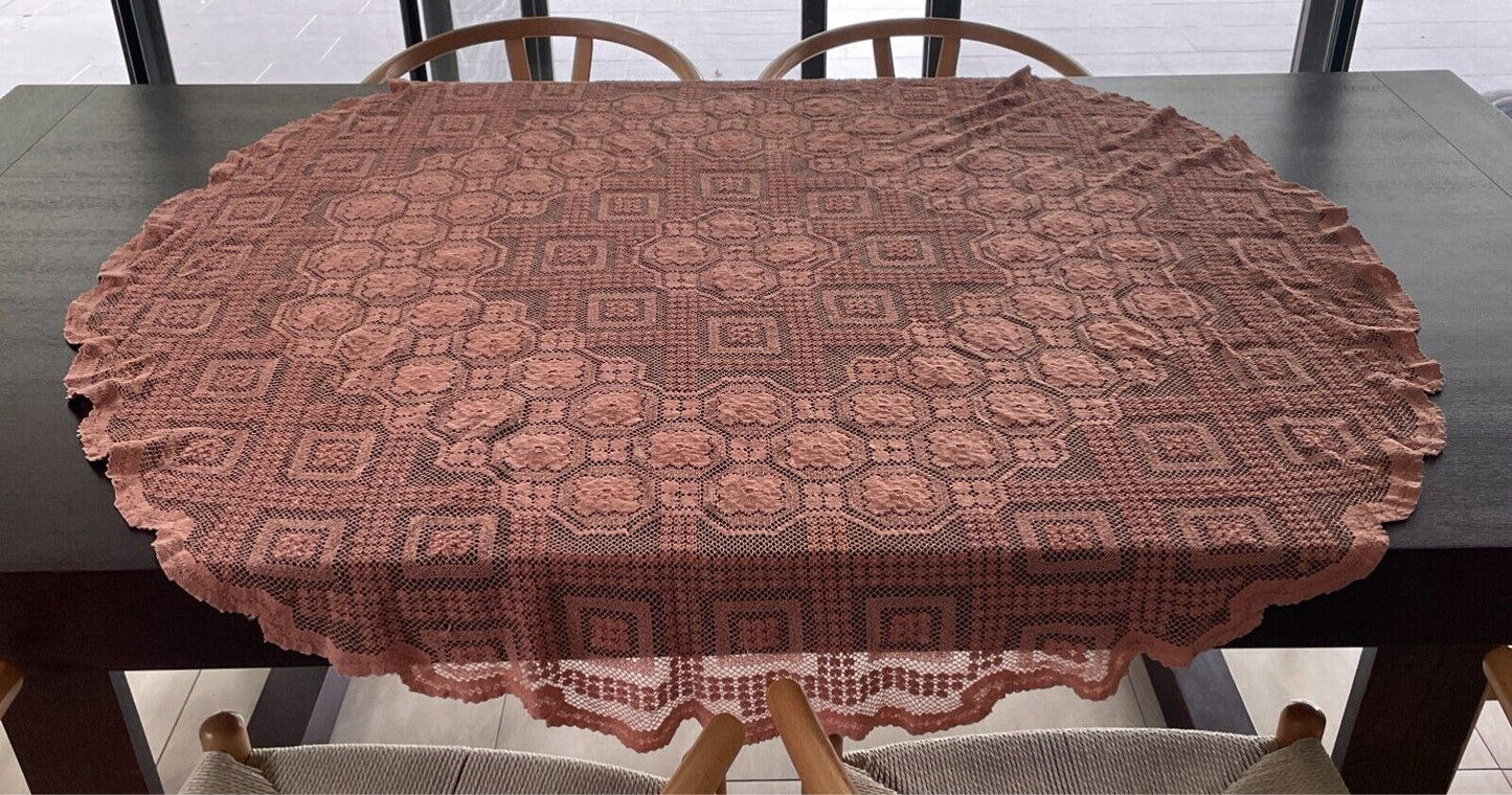 TABLE CLOTH 1970s Light Brown Cotton Round Wall Hanging 141cm Diameter