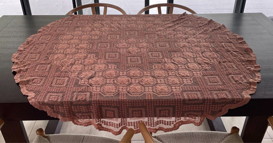 TABLE CLOTH 1970s Light Brown Cotton Round Wall Hanging 141cm Diameter