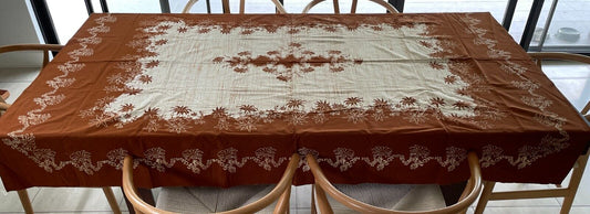 TABLE CLOTH + 6 Napkins 34cm Set 1960s Brown Off White Batik 201 x 153cm