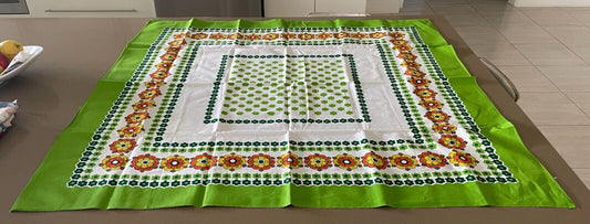 TABLE CLOTH Vintage 1960'S Cotton Green Orange Yellow Floral Print 129 x 124cm