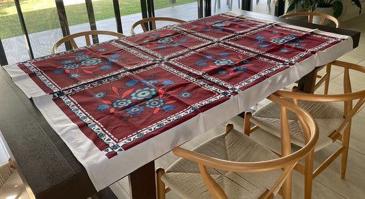 TABLE CLOTH Vintage 1960'S Cotton Maroon Retro Floral Print  127 x 172cm