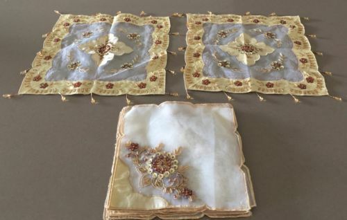 Vintage 2x Organza TABLECLOTH SET Centre + 12 Napkins Gold Bead Sequin NEW