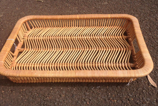 Large CANE Tray BASKET FLAT TRAY PLATTER TRAY STYLE w Handles Display Handwoven