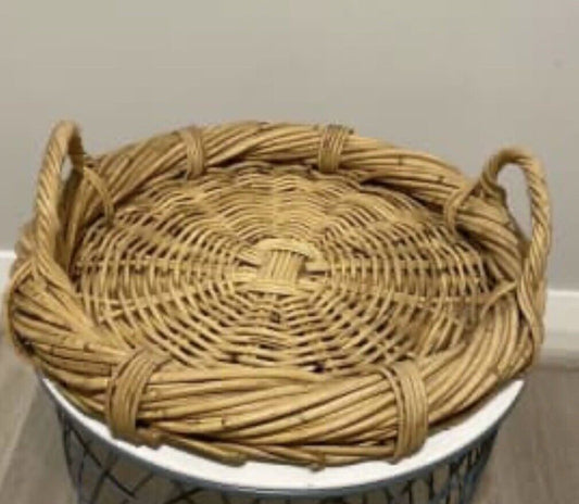 Vintage Heavy Cane Basket 43cm Round Tray Platter Fruit 2 handles AE185
