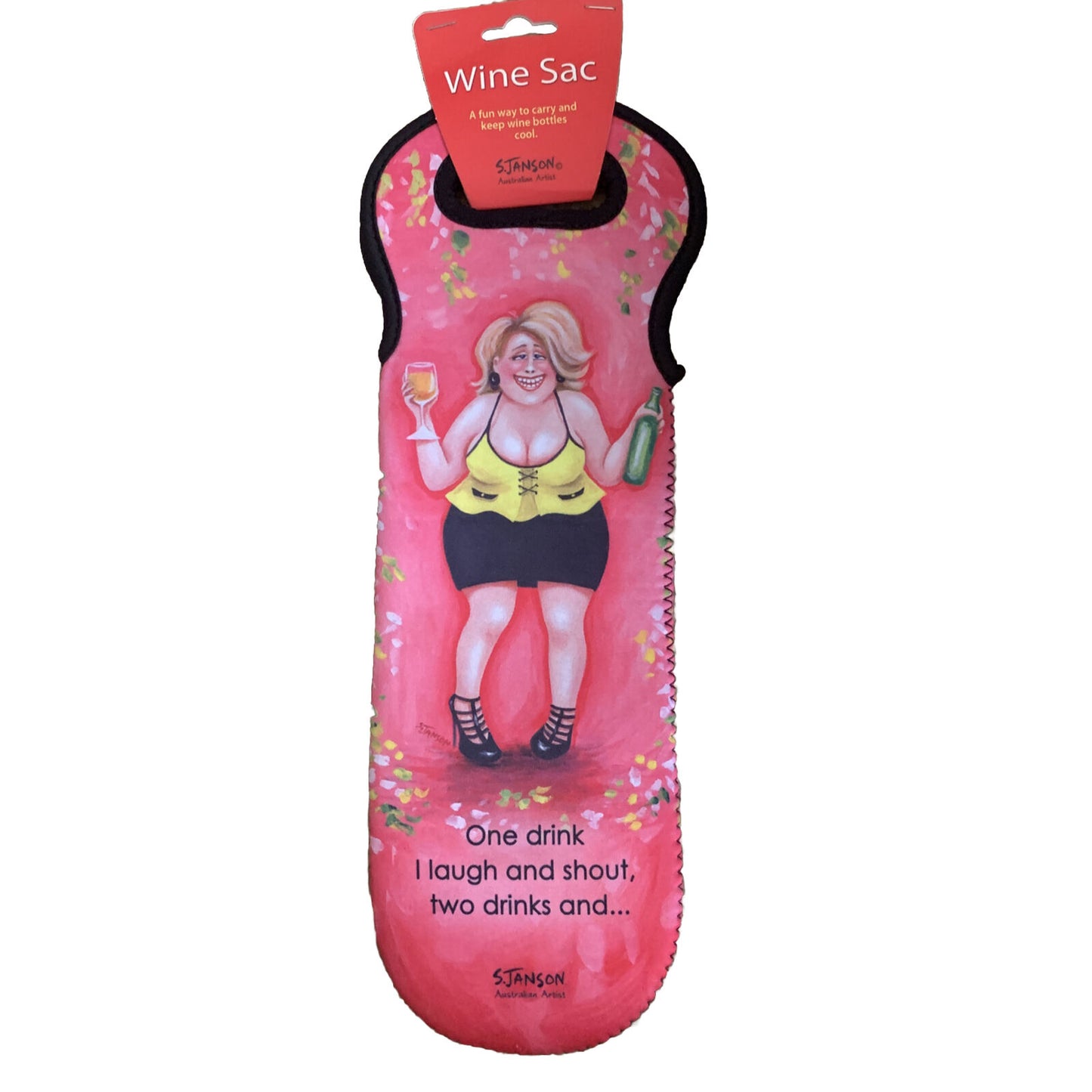 WINE SAC ‘ Girls Are Out’  Sue Janson Australia Design Neoprene Novelty Gift NEW