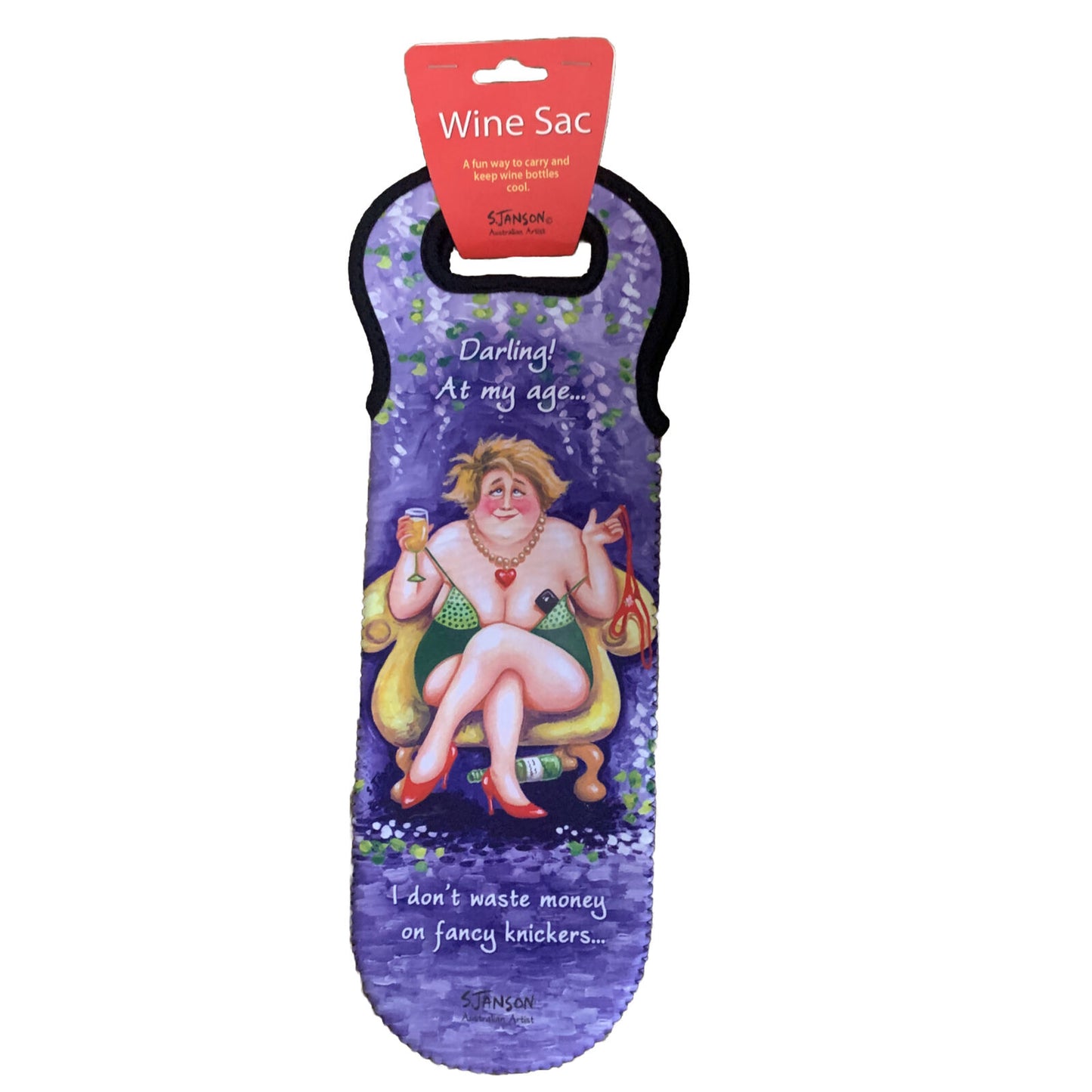 New WINE SAC ‘ Nelly No Knickers ’ Sue Janson Australia Design Neoprene Novelty