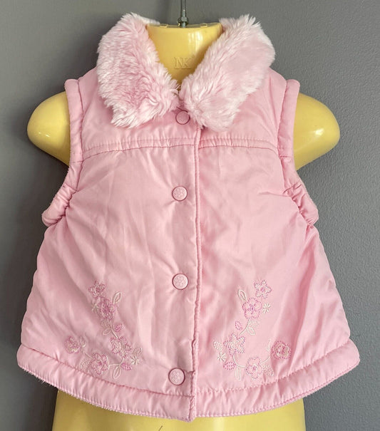 Baby Girl ADAMS Pink Sleeveless Faux Fur Trim Vest Gilet Size 6 - 9 months Warm