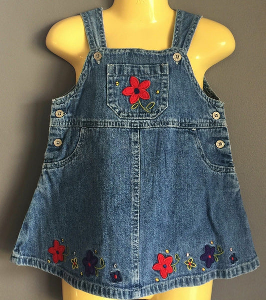 Baby Girl OLD NAVY Dress Denim Floral Embroidery Dungaree Size L  12 18mths