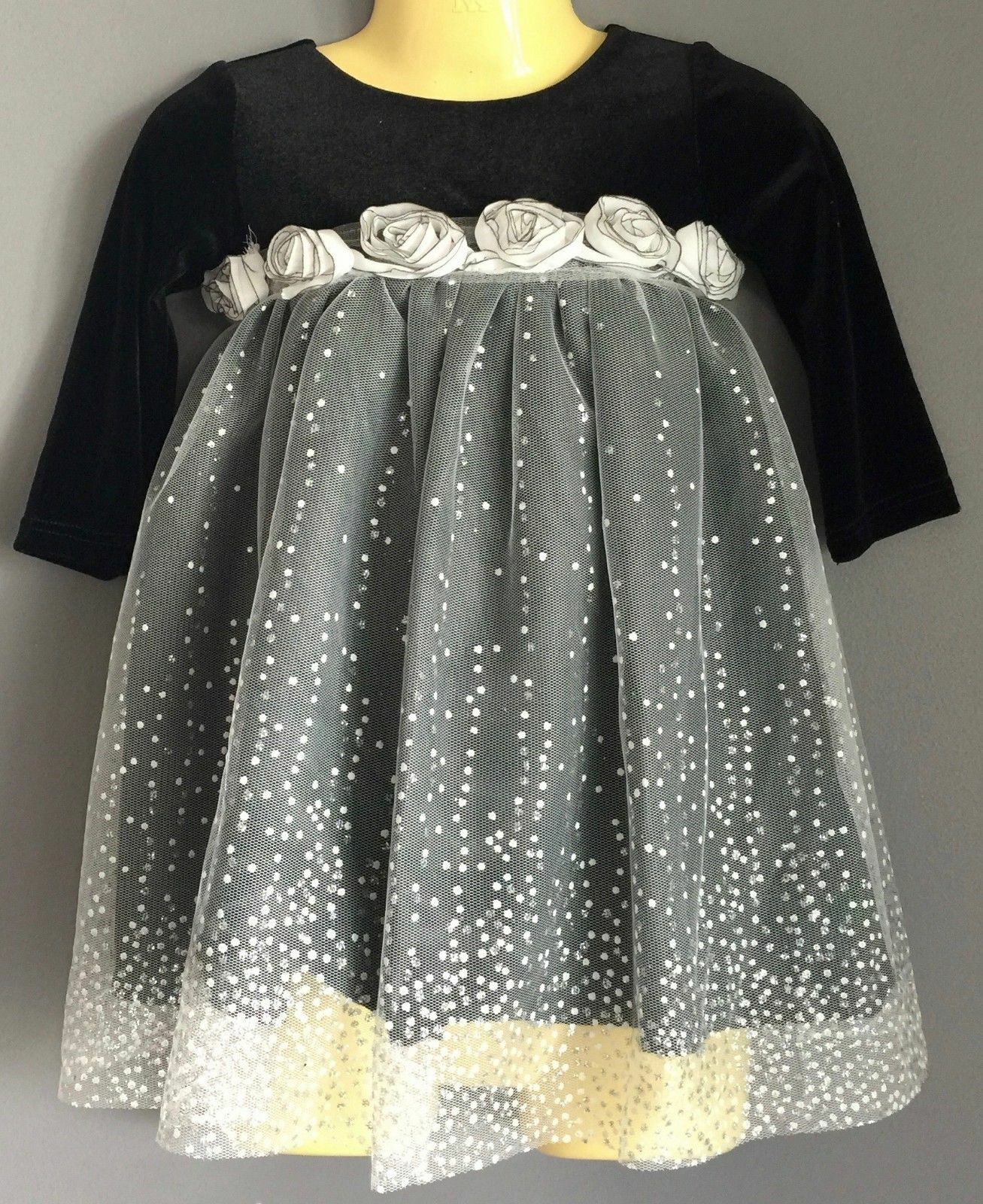 Baby Girl LE PINK Dress w Rosette Black Long Sleeve Velour & White Net Siz 2 NEW