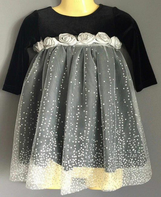 Baby Girl LE PINK Dress w Rosette Black Long Sleeve Velour & White Net Siz 2 NEW