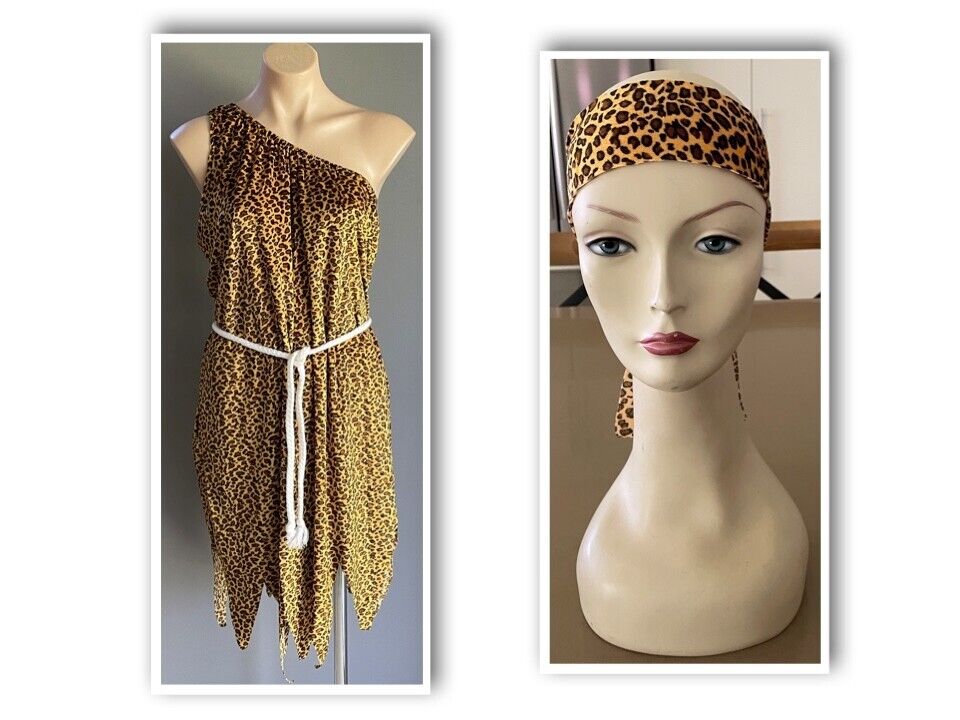 SMIFFY'S Cavewoman Costume Dress Up Cosplay Size L Dress + Head Band & Rope Belt