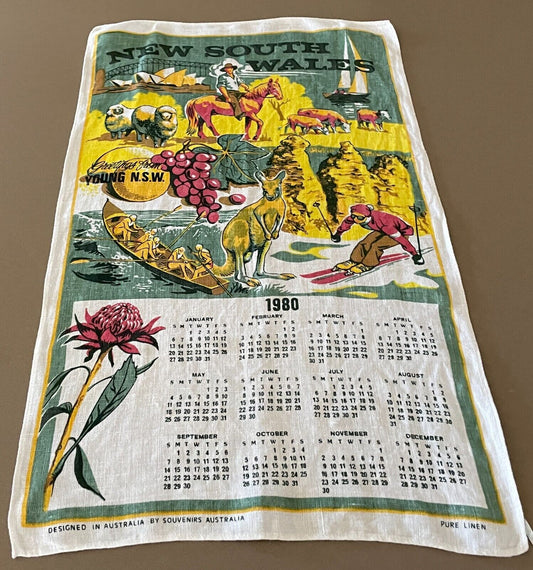Vintage "1980" Tea Towel Young & NSW City & Country Scenes Calendar Year