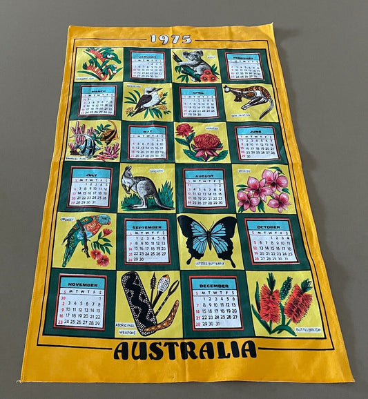 1975 Vintage Souvenir Tea Towel Australian Animals Flowers Calendar Year NEW