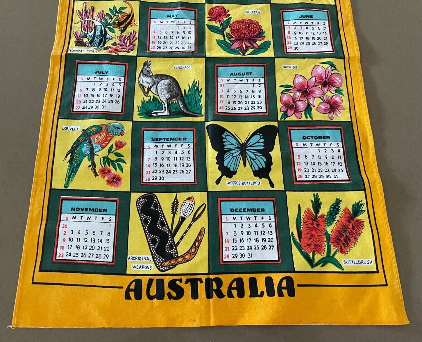 1975 Vintage Souvenir Tea Towel Australian Animals Flowers Calendar Year NEW