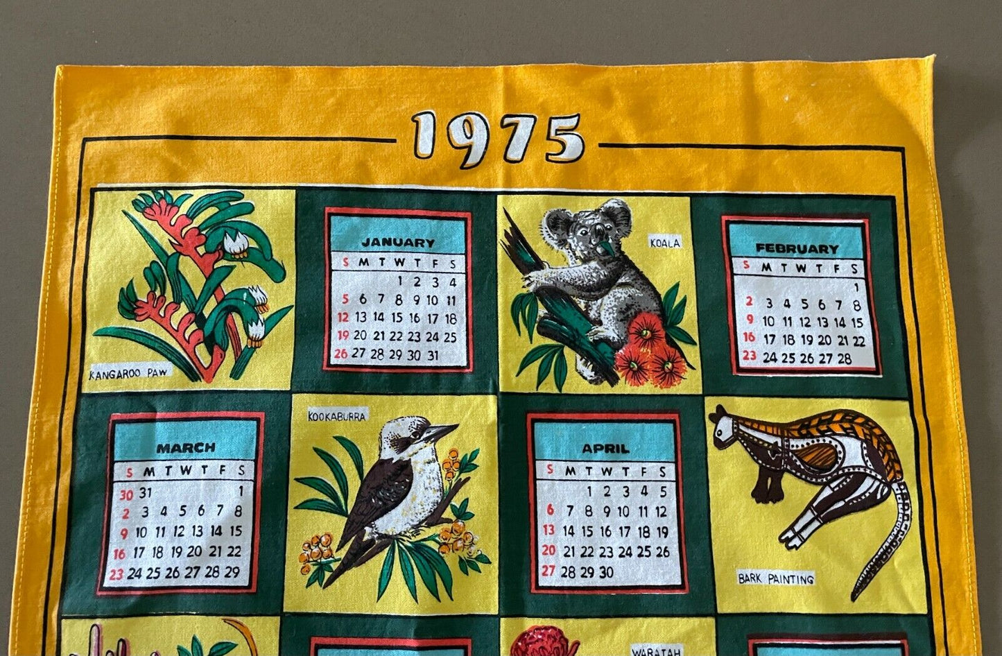 1975 Vintage Souvenir Tea Towel Australian Animals Flowers Calendar Year NEW