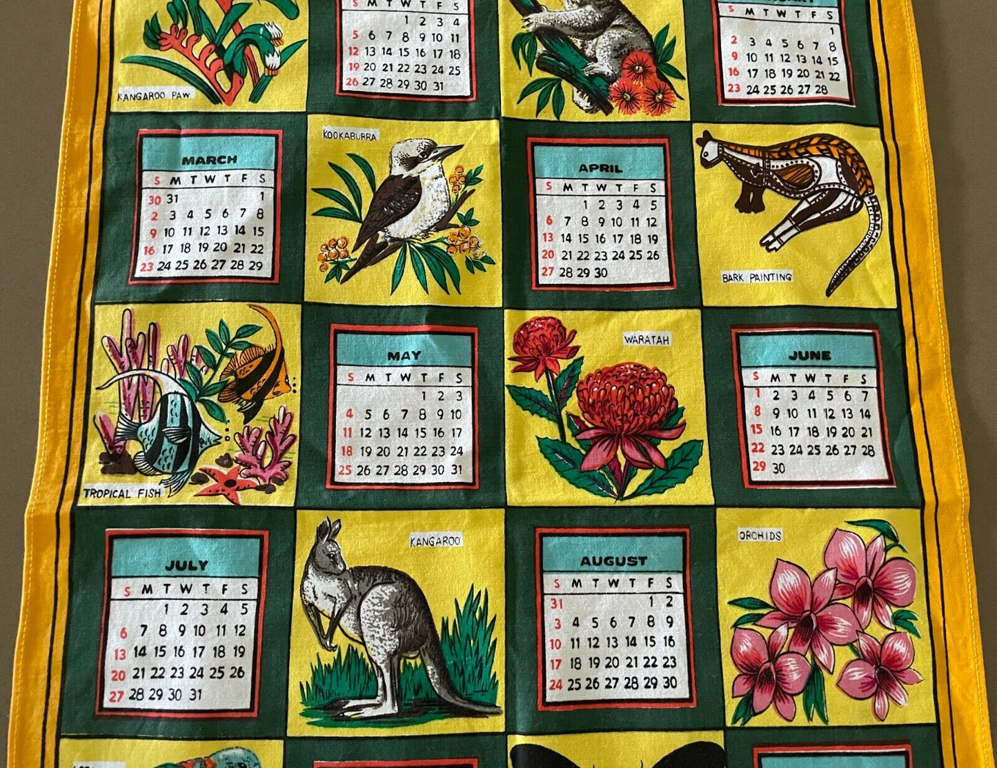 1975 Vintage Souvenir Tea Towel Australian Animals Flowers Calendar Year NEW
