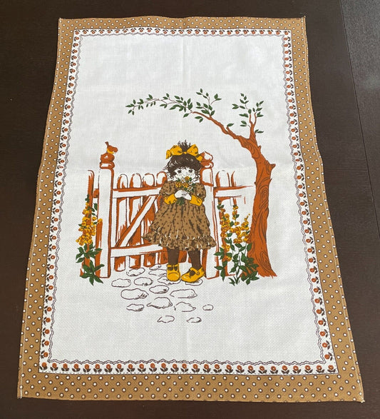 Vintage Tea Towel PollyAnna Girl Garden Print Cotton Light Brown NEW