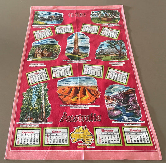 Vintage 1983 Calendar Year Tea Towel Australia LANDMARKS Tourist Attraction