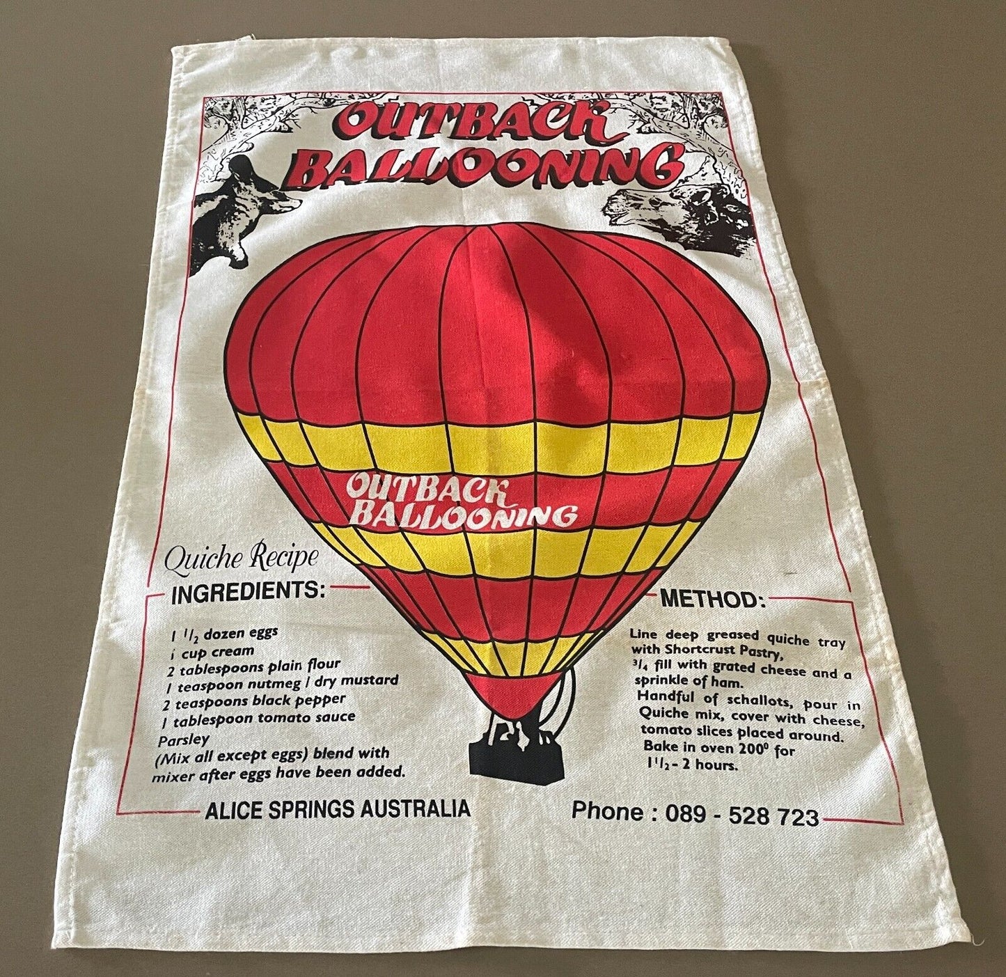 Vintage Tea Towel OUTBACK Ballooning Alice Springs NT + Quiche Recipe Aussie