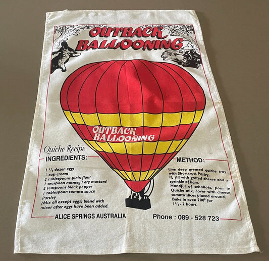 Vintage Tea Towel OUTBACK Ballooning Alice Springs NT + Quiche Recipe Aussie