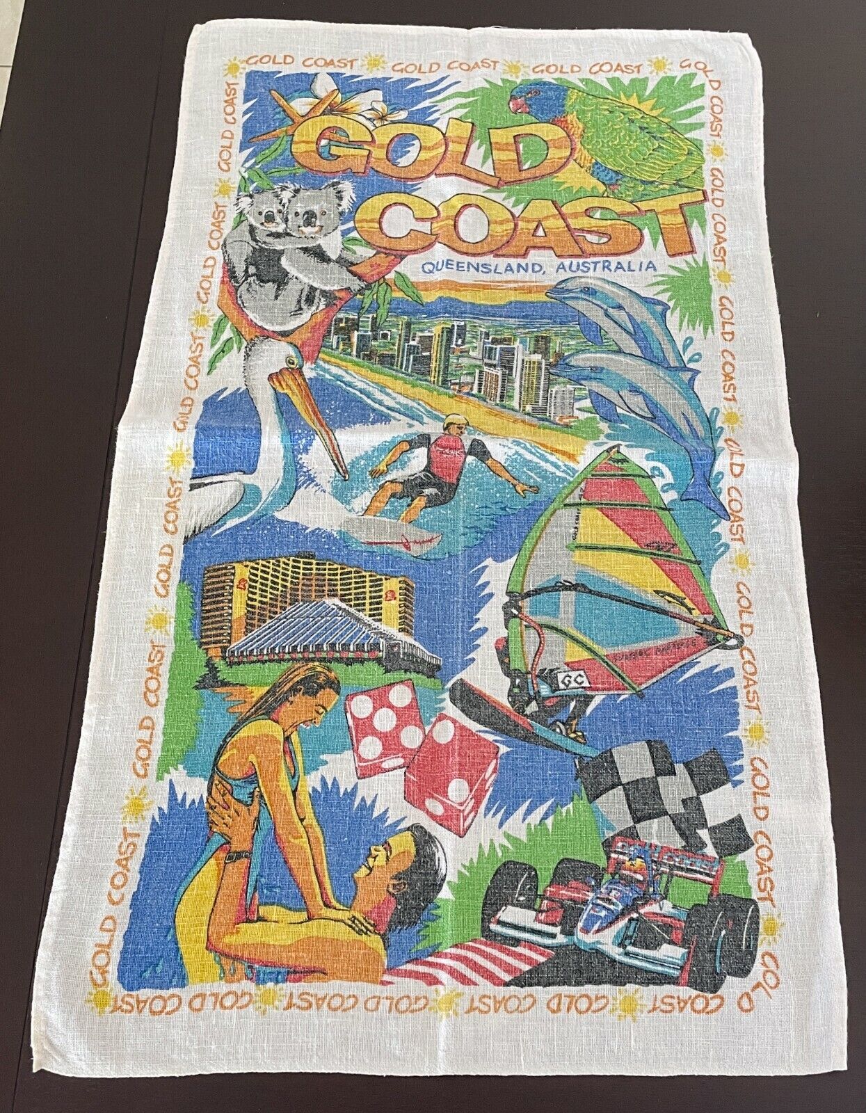 Vintage Tea Towel Linen GOLD COAST Australia Souvenir