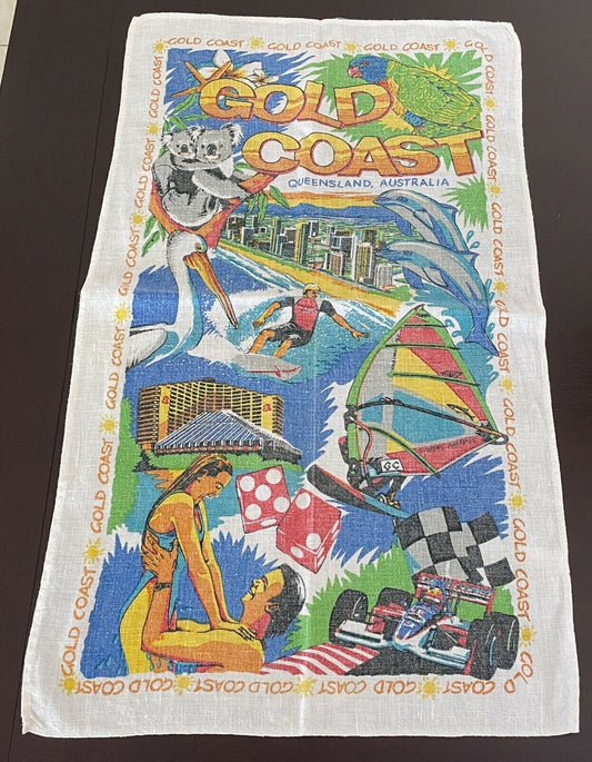 Vintage Tea Towel Linen GOLD COAST Australia Souvenir