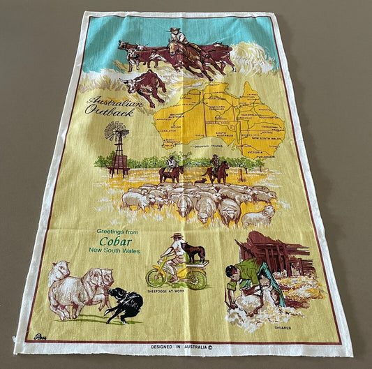 Vintage Tea Towel COBAR NSW Outback Australian Theme Print Souvenir