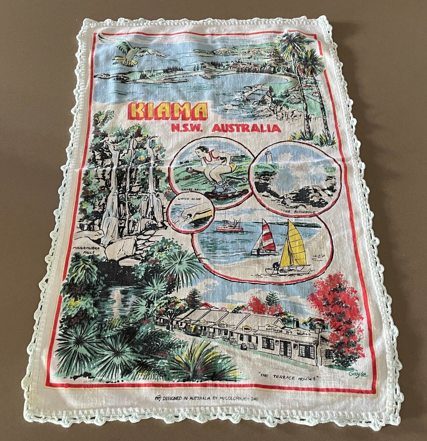 Vintage Tea Towel KIAMA NSW Australia Linen Souvenir Crochet Trim Nostalgic