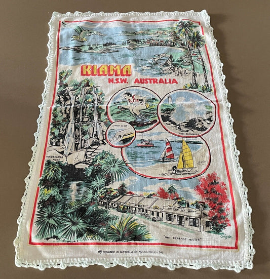 Vintage Tea Towel KIAMA NSW Australia Linen Souvenir Crochet Trim Nostalgic