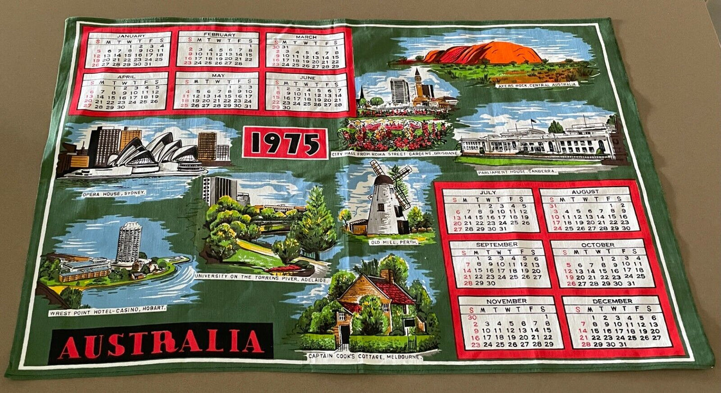 1975 Vintage Tea Towel Australian Capital Cities Calendar Year Souvenir Unused
