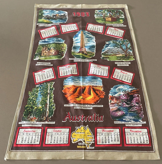 1983 Calendar Year Tea Towel Australia LANDMARKS Tourist Attraction Print Retro