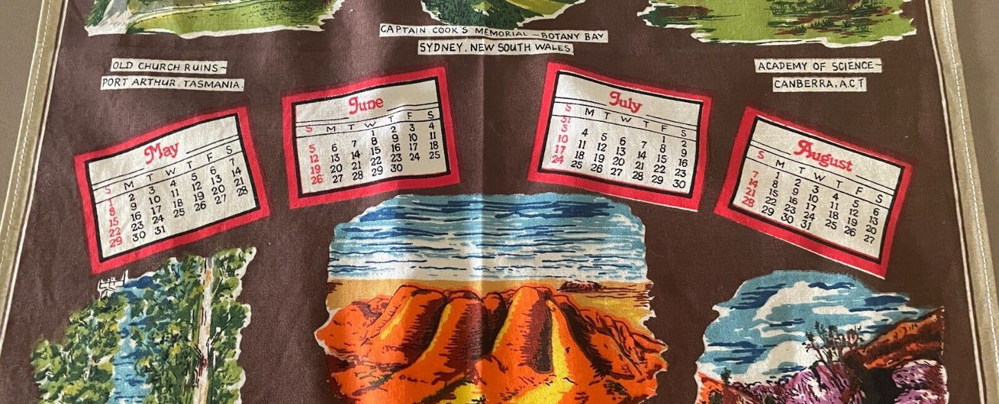1983 Calendar Year Tea Towel Australia LANDMARKS Tourist Attraction Print Retro
