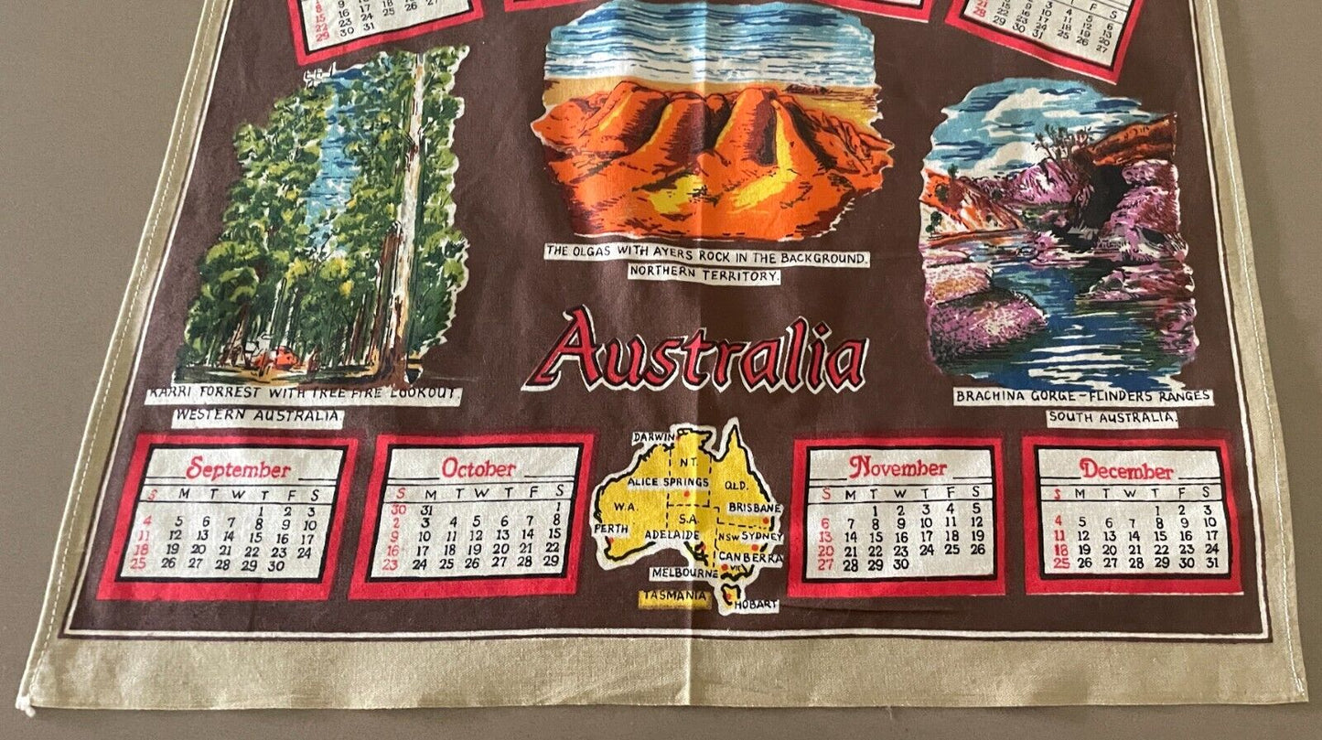 1983 Calendar Year Tea Towel Australia LANDMARKS Tourist Attraction Print Retro