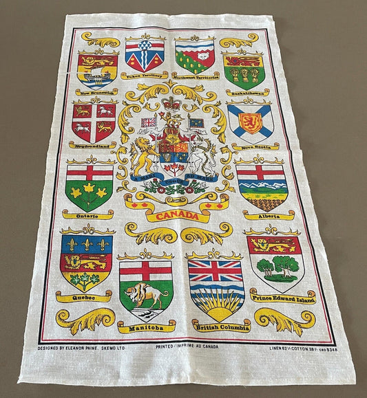 Vintage Tea Towel CANADA Provinces & Territory Crest Print Linen Blend Souvenir