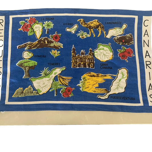 Vintage TEA TOWEL Cotton RECUERDO CANARIAS Canary Islands Souvenir Landscape