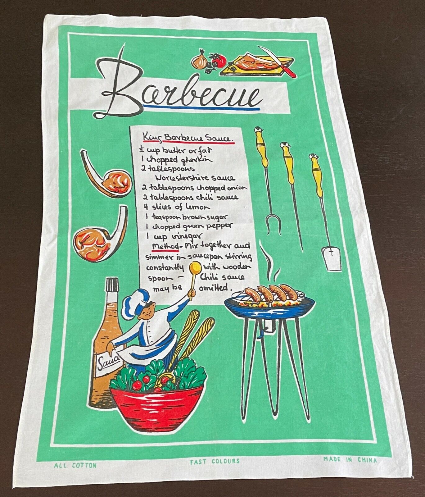 Vintage Tea Towel " King Barbecue Sauce " Recipe BBQ Theme Print Cotton NEW