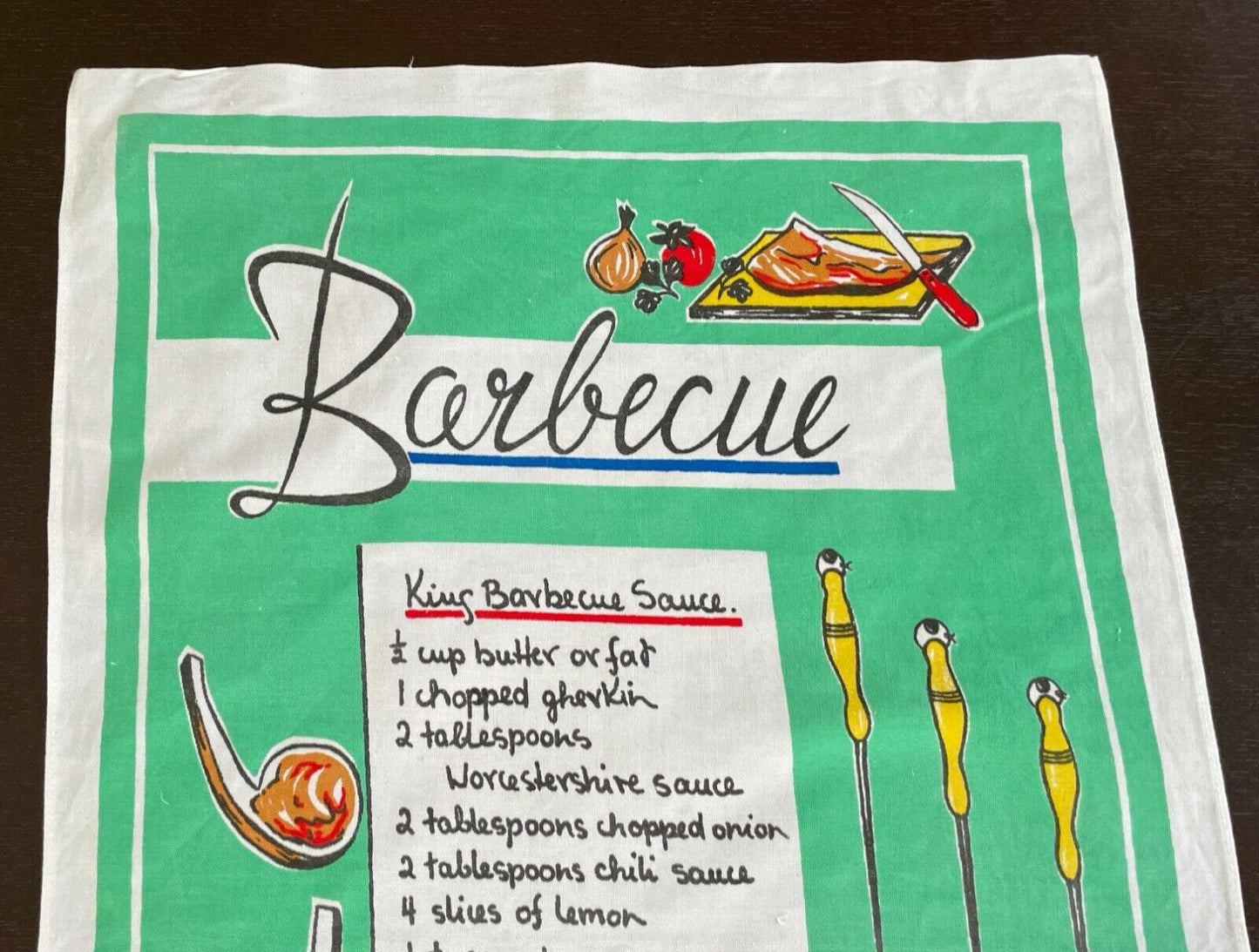 Vintage Tea Towel " King Barbecue Sauce " Recipe BBQ Theme Print Cotton NEW