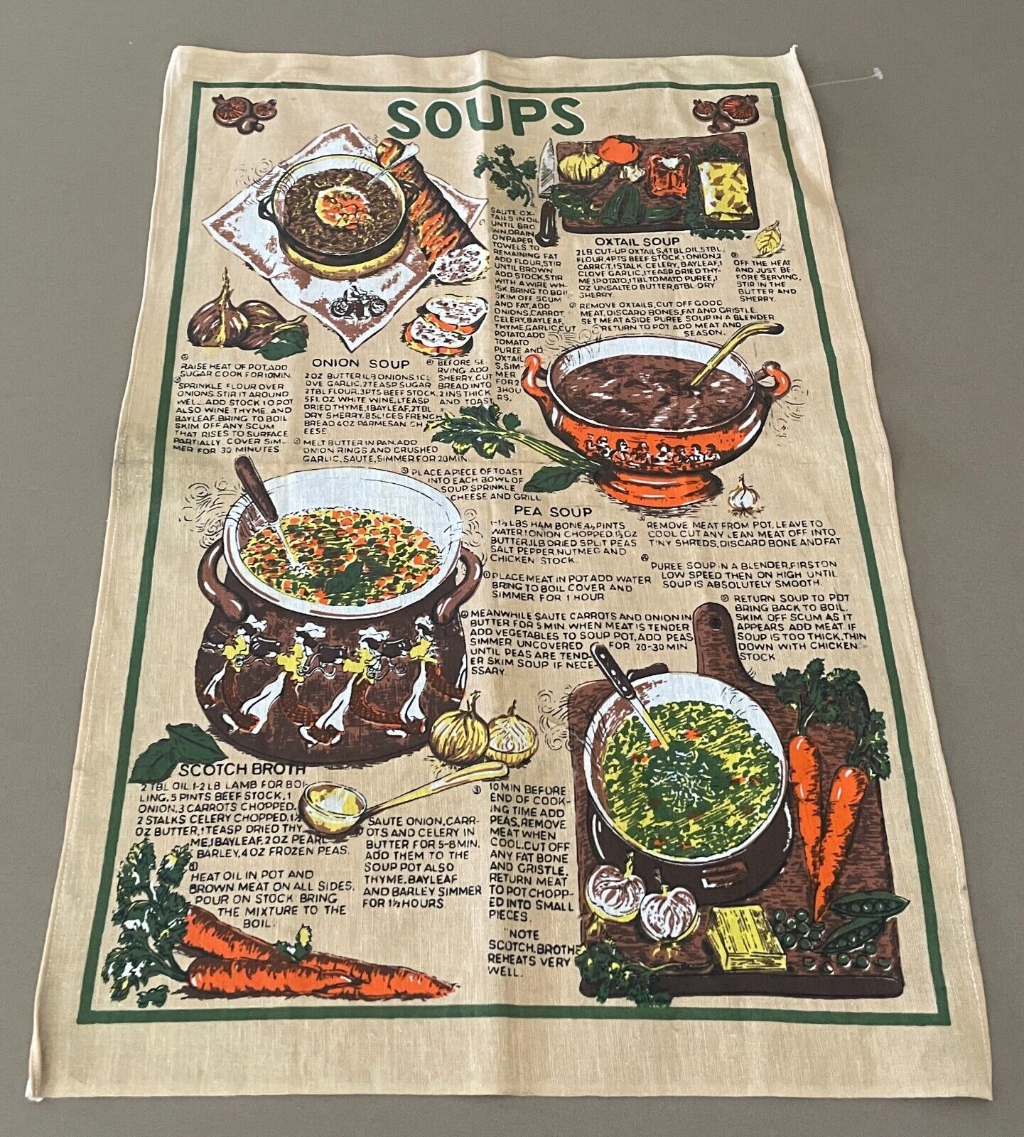 TEA TOWEL Soup Recipes Multicolour Cotton Oxtail Onion Pea Scotch NEW Unused