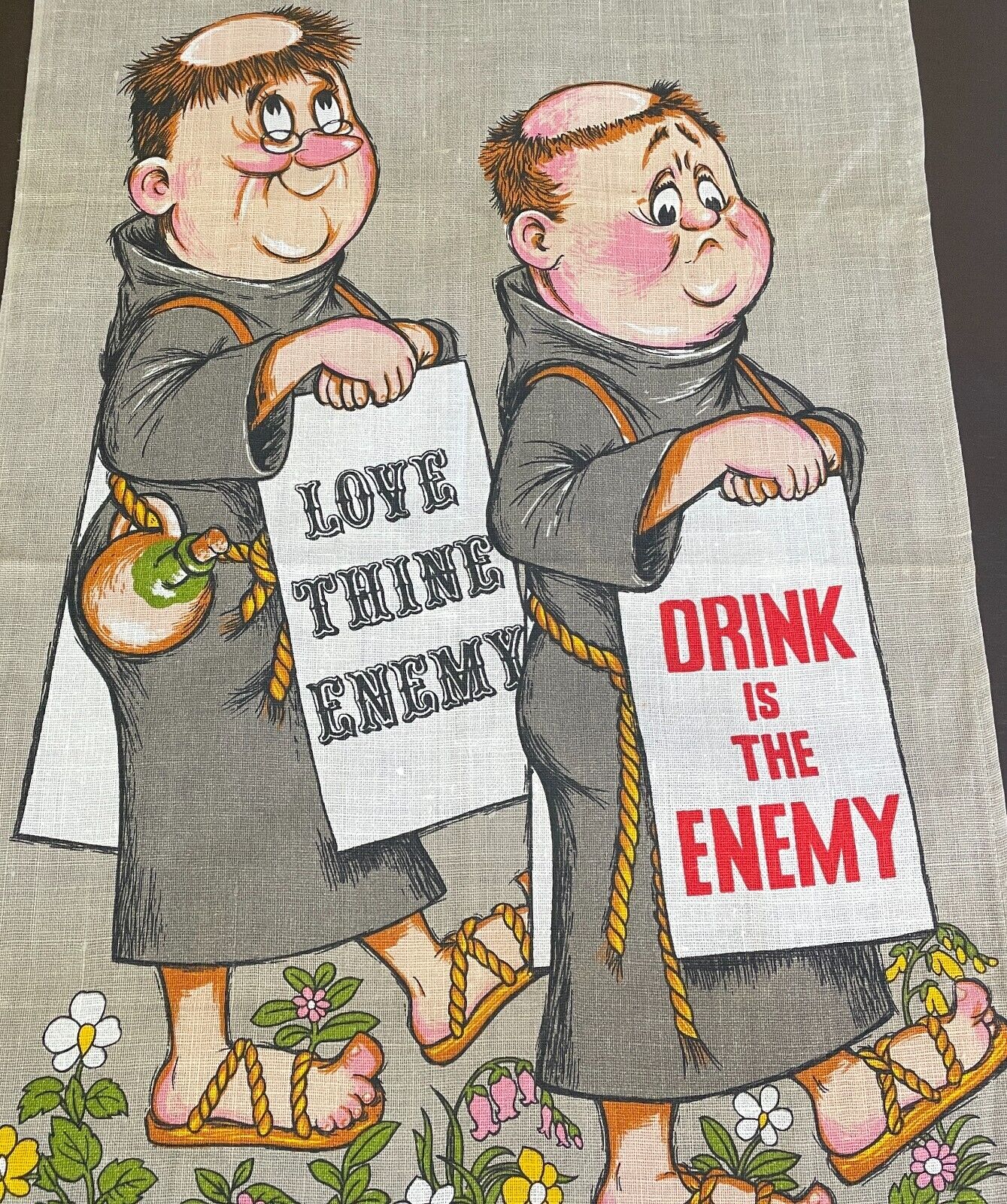 Vintage Tea Towel " Oh Brother "  Franciscan Monk Linen Humorous Funny NEW