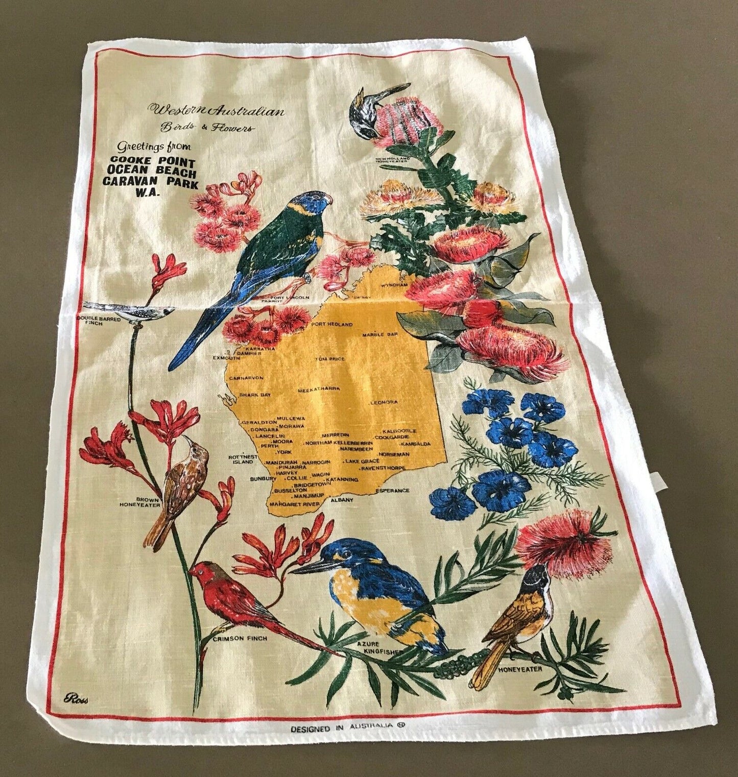 COOK POINT OCEAN BEACH CARAVAN PARK WA Russ Linen Tea Towel Aussie Birds Flowers