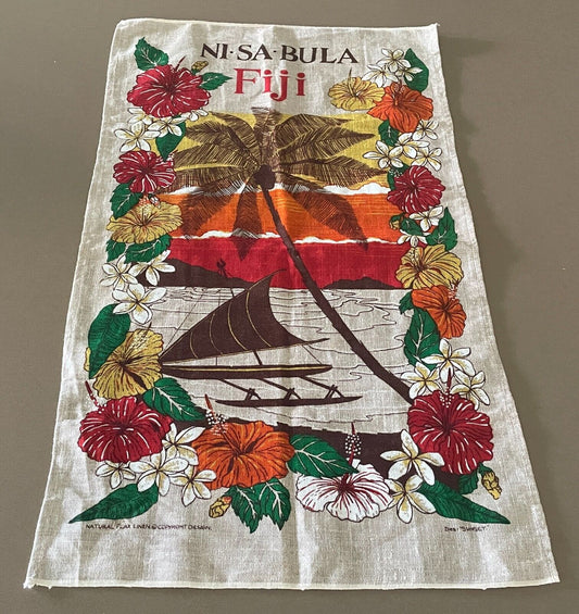 Vintage Tea Towel NI SA BULA FIJI Des SUNSET Tropical Floral Seascape Souvenir