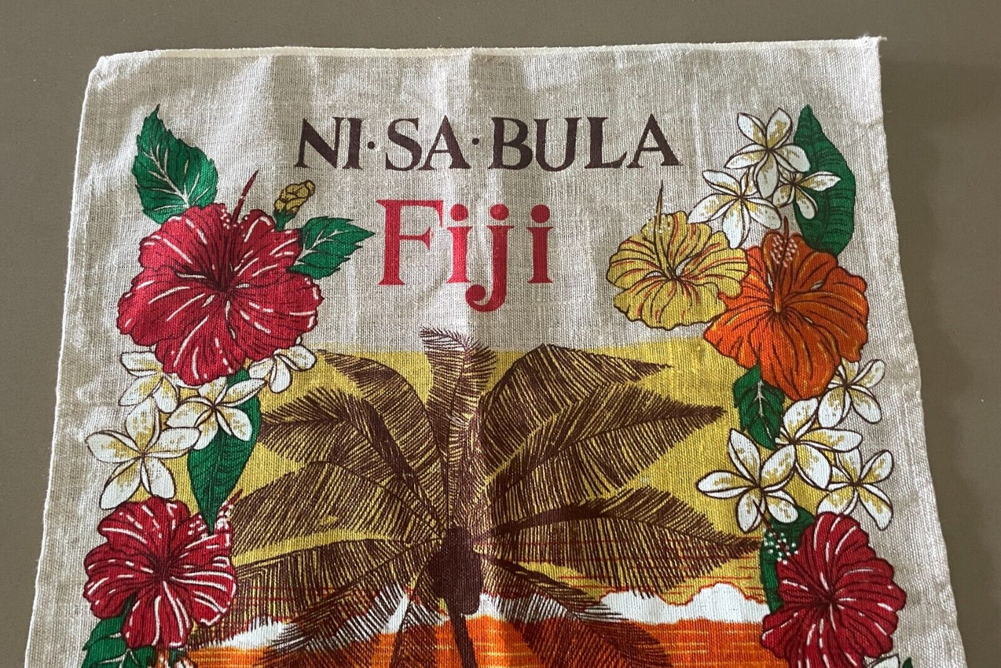 Vintage Tea Towel NI SA BULA FIJI Des SUNSET Tropical Floral Seascape Souvenir