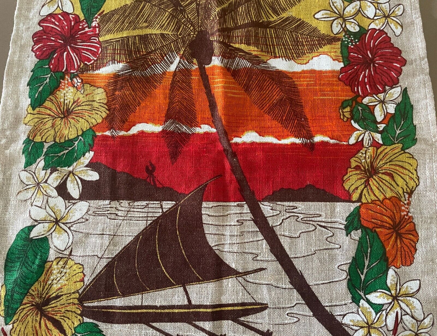 Vintage Tea Towel NI SA BULA FIJI Des SUNSET Tropical Floral Seascape Souvenir